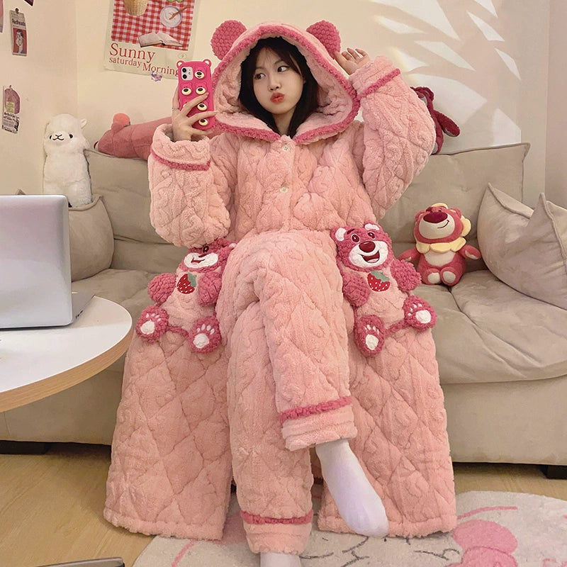 Coral Velvet Pajamas Women's Winter Thickened Velvet Padded Three-Layer Quilted Jacket