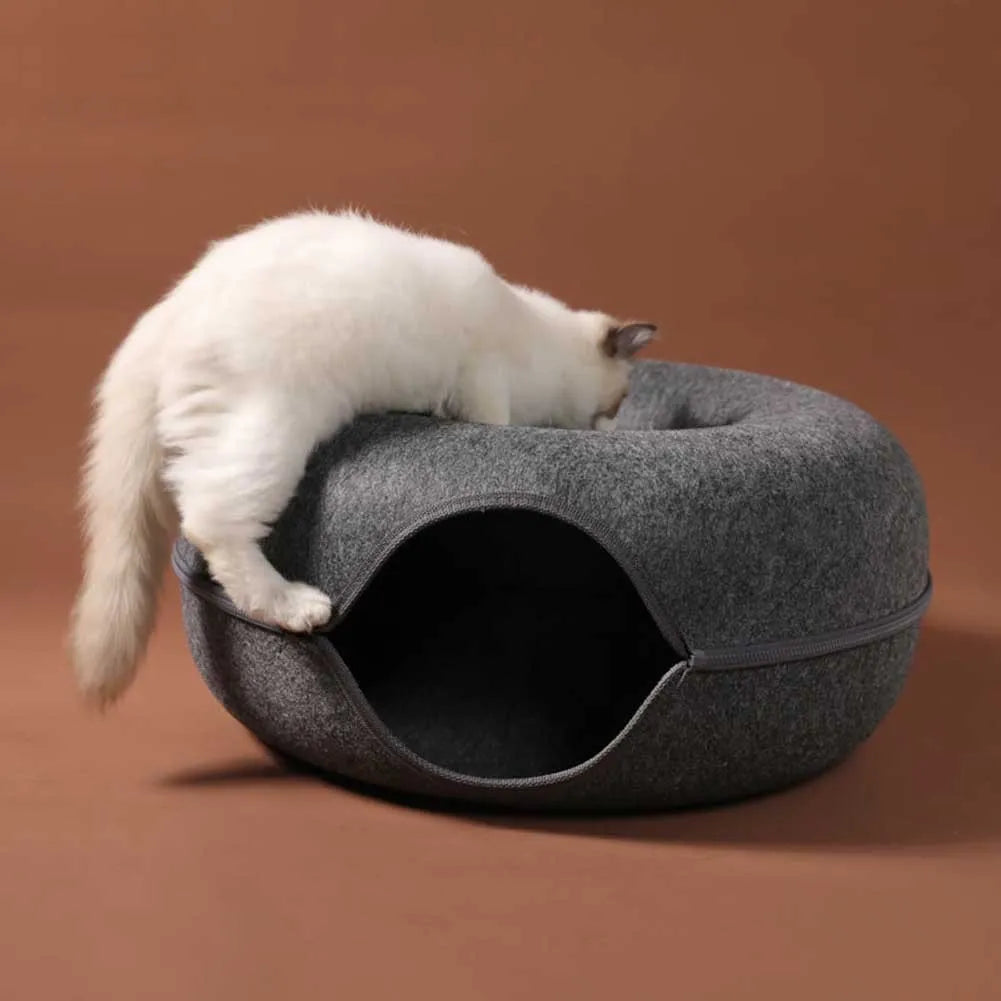 Donut Cat Tunnel Bed Pets House Natural Felt Pet Cat Cave Toys Round Wool Felt Pet Bed