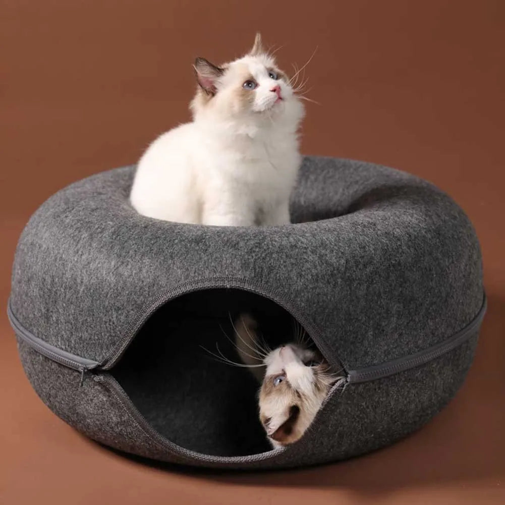 Donut Cat Tunnel Bed Pets House Natural Felt Pet Cat Cave Toys Round Wool Felt Pet Bed