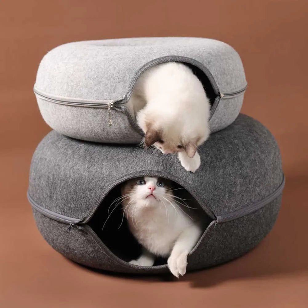 Donut Cat Tunnel Bed Pets House Natural Felt Pet Cat Cave Toys Round Wool Felt Pet Bed