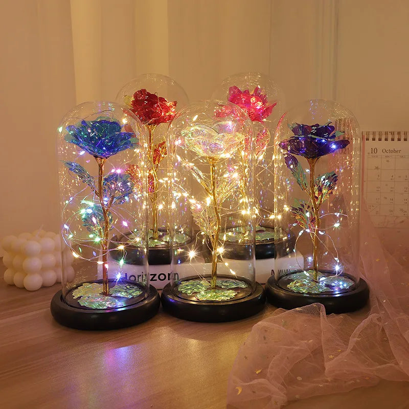 Galaxy Artificial Rose with Led Lights & Dome